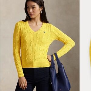 Cable-Knit Cotton V-Neck Sweater Polo Ralph Lauren size Medium Preppy Quiet Lux